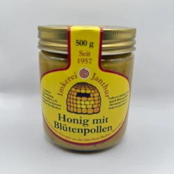 Glas Honig mit Blütenpollen, Produktfoto der Imkerei Janthur