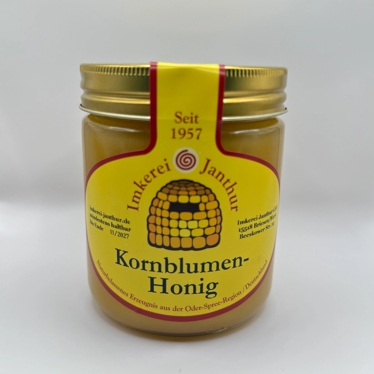 Glas Kornblumenhonig der Imkerei Janthur vor weißem Hintergrund