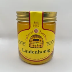 Glas Lindenhonig der Imkerei Janthur, frontal fotografiert vor weißem Hintergrund
