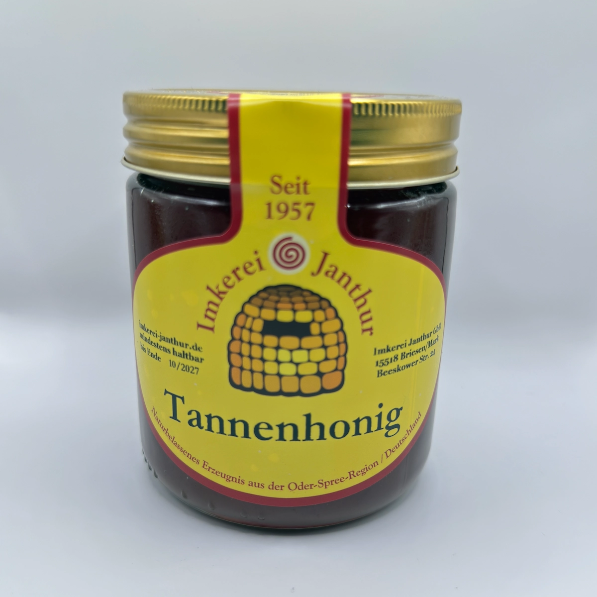Glas Tannenhonig der Imkerei Janthur vor weißem Hintergrund