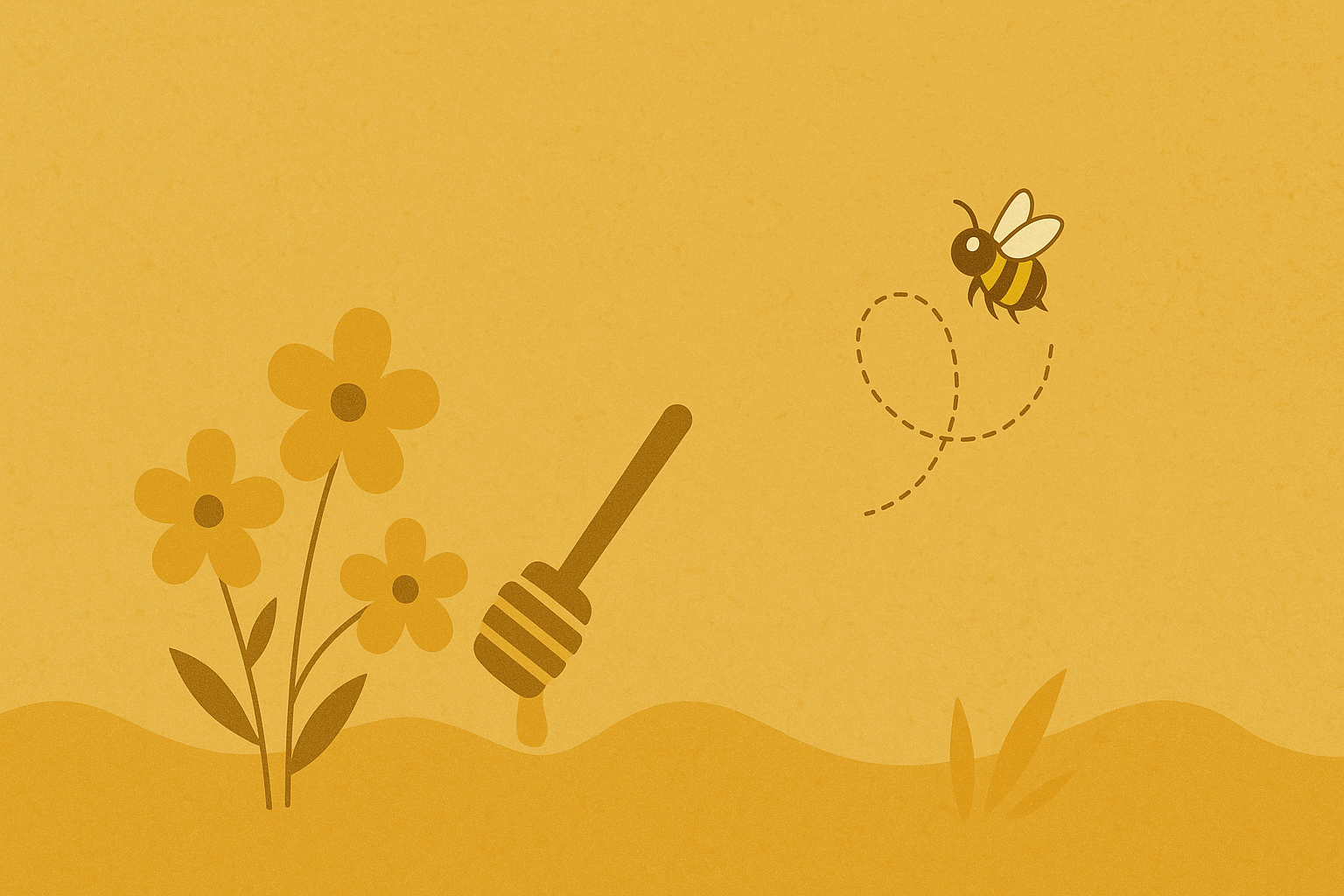 Illustration mit Blüten, Honigdipper und fliegender Biene auf leicht texturiertem Hintergrund – Blütenhonig Motiv der Imkerei Janthur.