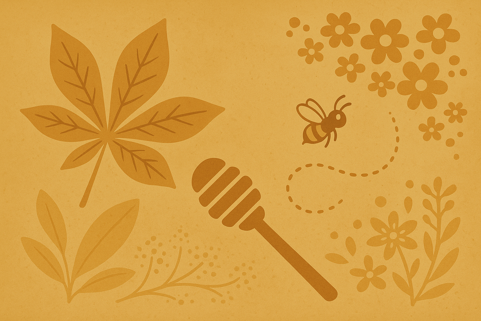 Illustration mit Kastanienblatt, besonderen Blüten, Honigdipper und fliegender Biene auf leicht texturiertem Hintergrund – Spezialhonig & Sortenhonig Motiv der Imkerei Janthur.