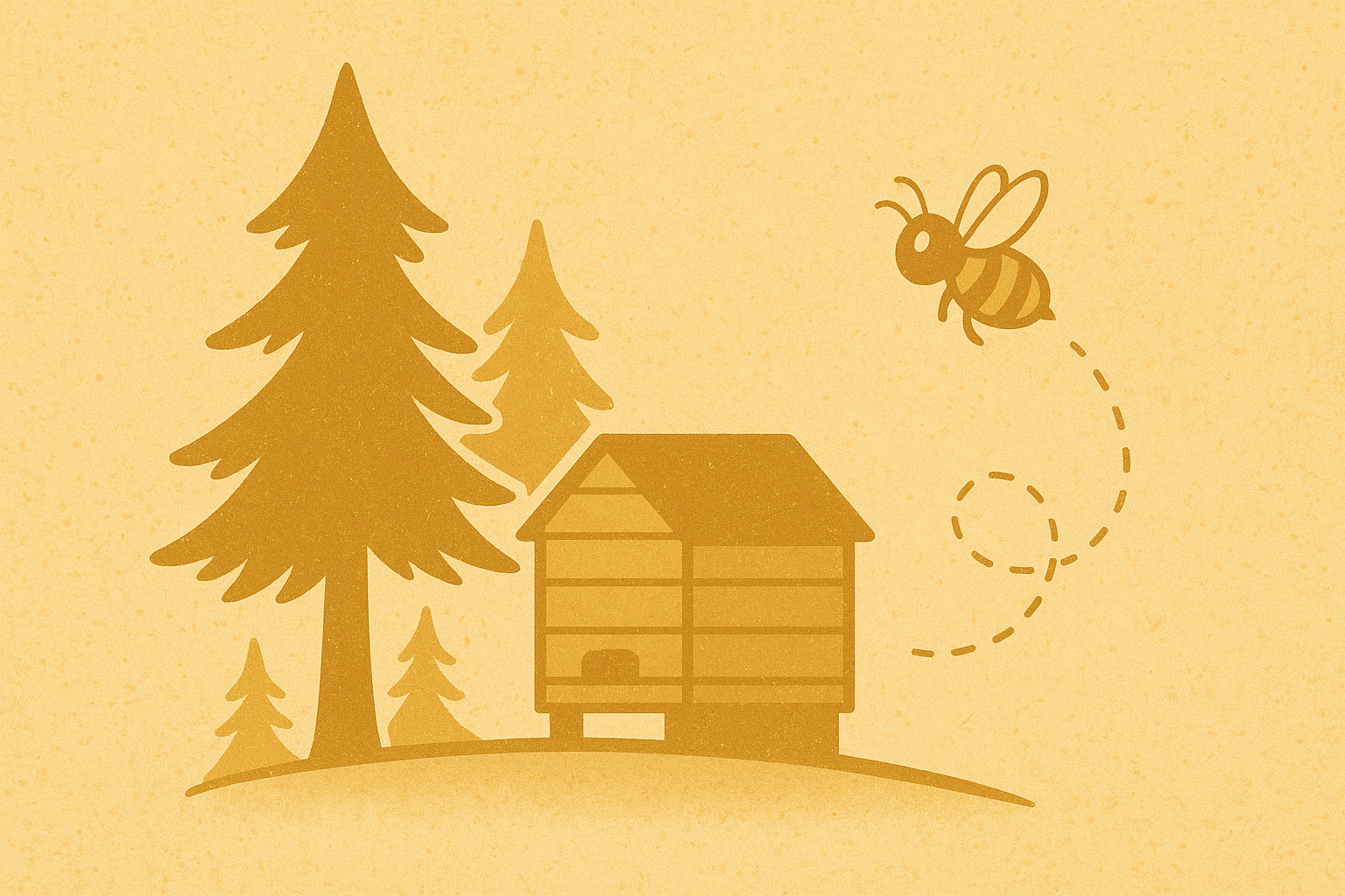 Illustration mit Fichten, Bienenstock und fliegender Biene auf leicht texturiertem Hintergrund – Waldhonig-Motiv der Imkerei Janthur.